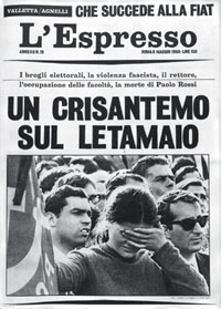 La copertina dell'Espresso contenente l'articolo di Eugenio Scalfari "Un crisantemo sul letamaio"