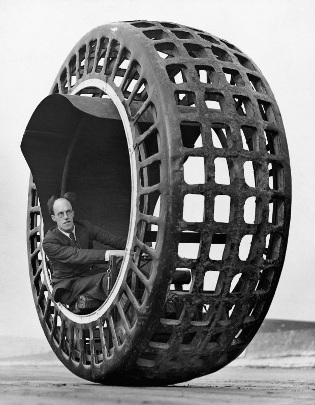 J. A. Purves in a Dynasphere Spherical Car